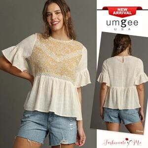 Umgee Floral Print Lace Trim Detail Ruffle Half Sleeves Babydoll Blouse | Cream